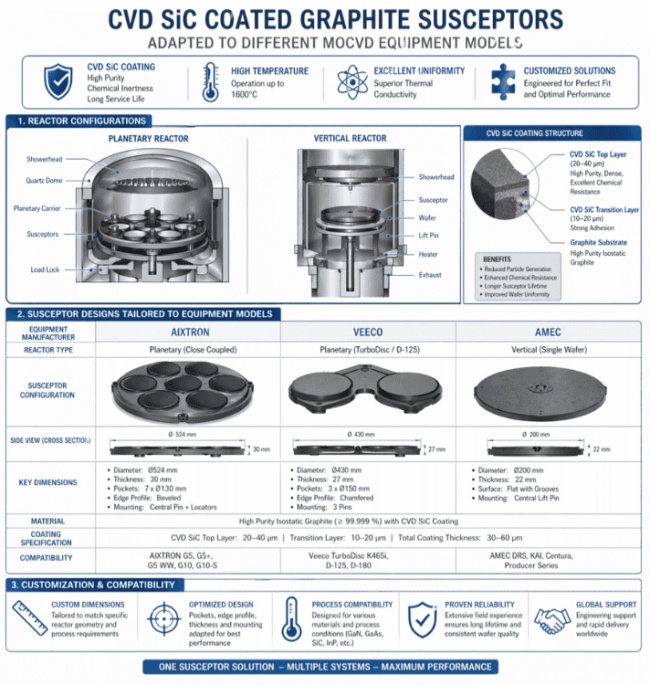 СУСЦЕПТОРҲОИ ГРАФИТИ ПӮШОНИДАИ CVD SiC, КИ БА МОДЕЛҲОИ ГУНОГУНИ ТАҶҲИЗОТИ MOCVD МУТОБИҚ МЕШАВАНД
