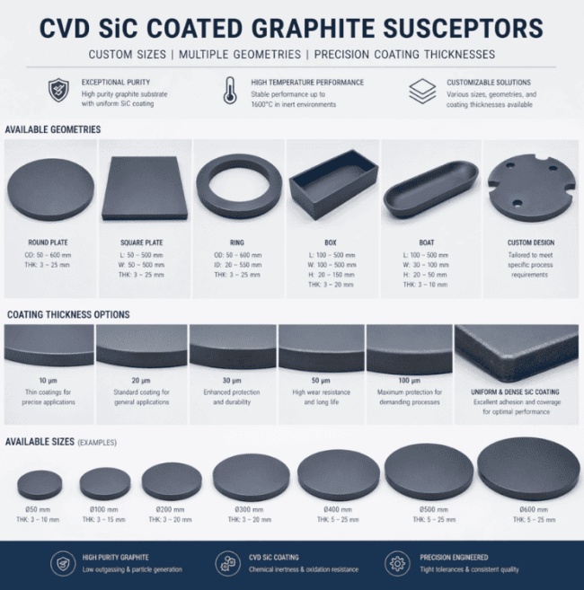 Пӯшишдиҳандаҳои графити бо пӯшиши CVD SiC Андозаҳои фармоишӣ Геометрияҳои гуногун Ғафсии пӯшиши дақиқ
